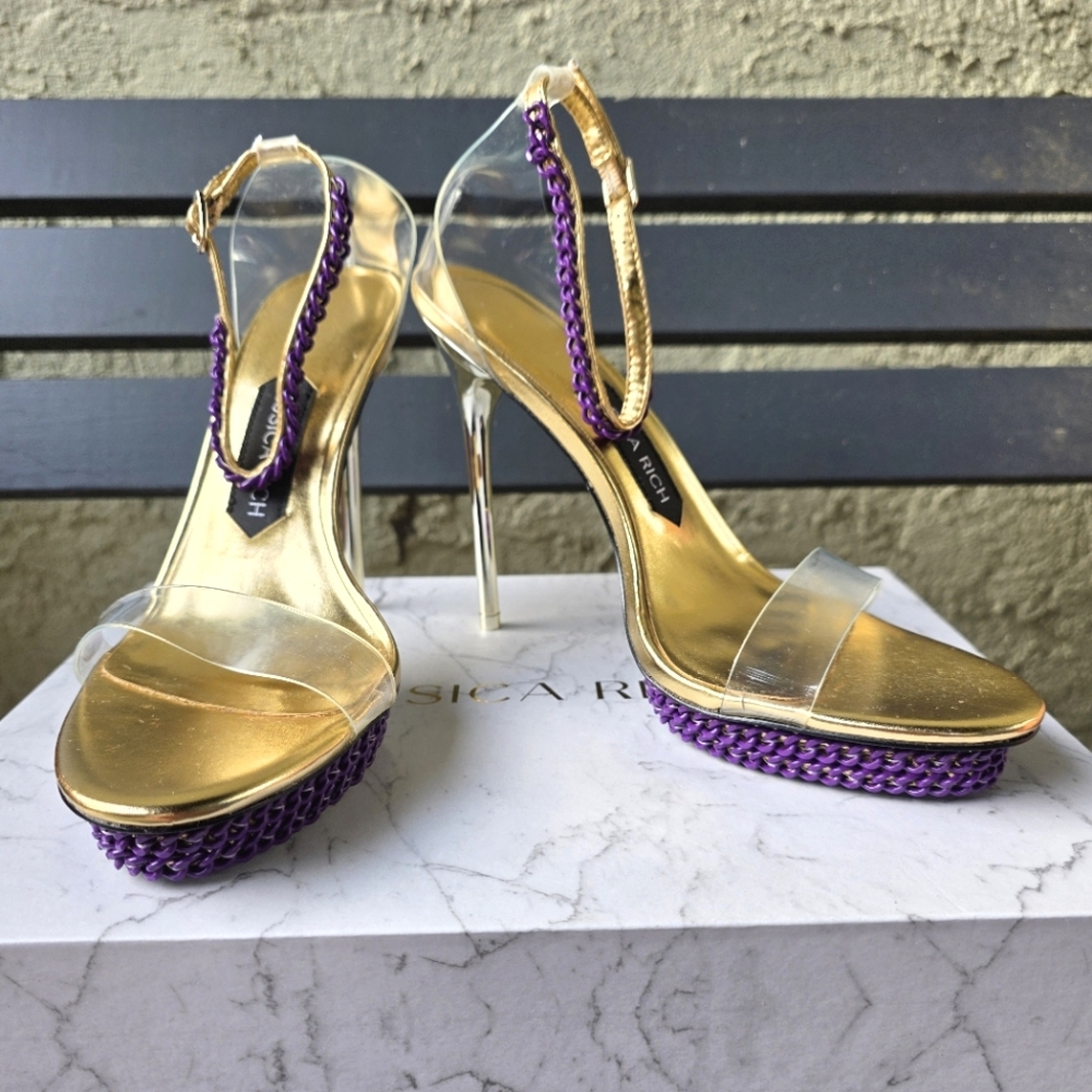 Jessica Rich Gold and Purple Women's Heels Chain Accent Sz 39‎